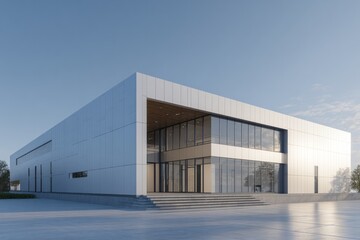 Obraz premium Modern glass and metal building with clean lines under a clear sky.