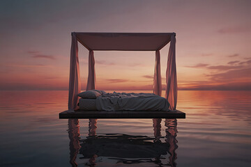A floating bed under a pink horizon with calm water reflections, in cinematic mood