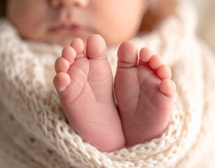Tiny baby feet wrapped in soft white blanket close-up