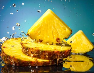 Fresh pineapple slices splashing in water with vibrant blue background