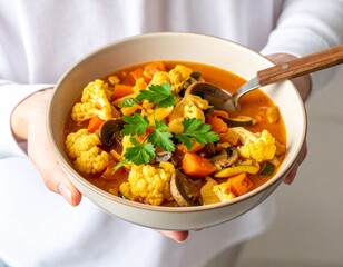Delicious vegetable soup with cauliflower and mushrooms