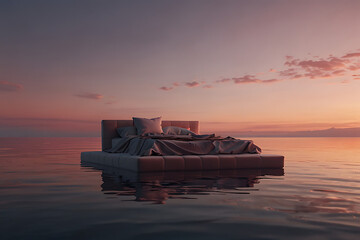 A floating bed under a pink horizon with calm water reflections, in cinematic mood