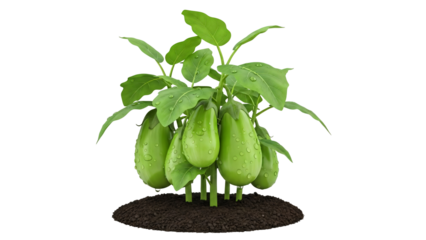 Green eggplant plant with developing fruit and leaves in soil, transparency PNG.