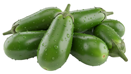 Harvest of fresh green eggplants with water droplets, transparency PNG cut-out for cooking design