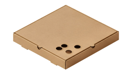Isometric view of a closed pizza box with round holes transparent background