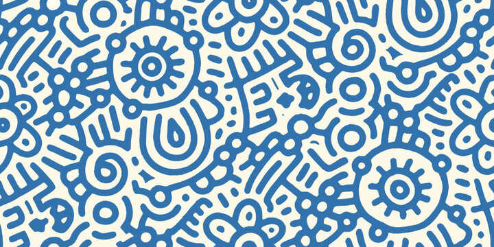 Abstract blue doodle pattern with organic shapes and swirling lines