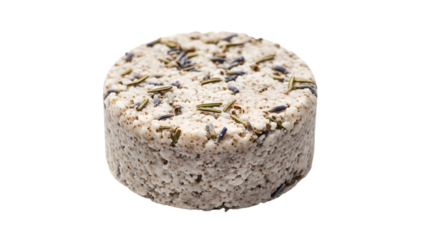 A close-up shot of a unique artisan cheese wheel decorated with herbs and spices. The cheese wheel's texture is rough, with a blend of flavors, and presented in a circle form. transparent background