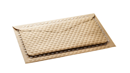 A padded envelope with a corrugated surface lies on a plain paper envelope transparent background