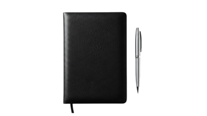 A sleek black notebook and a stylish pen, a perfect combo for jotting down notes or creative thoughts transparent background