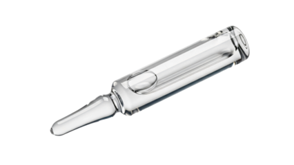 A close-up shot of a clear glass ampoule filled with liquid, isolated transparent background