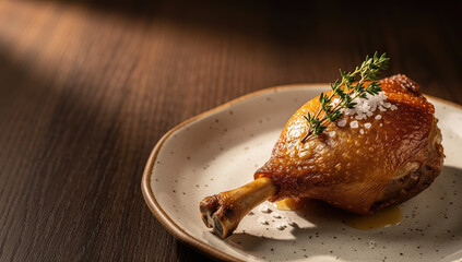 Delicious roasted chicken leg on a rustic plate  