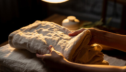 柔らかな光の中でリネンタオルを丁寧にたたむ手元