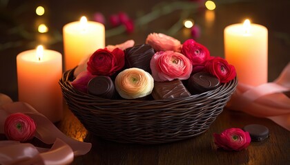 Illuminated pillar candles surround a woven basket filled with dark chocolates and colorful blossoms