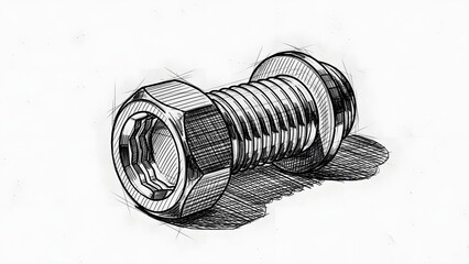 Detailed sketch of a metallic bolt and nut assembly with shading and cross-hatching on a white background.