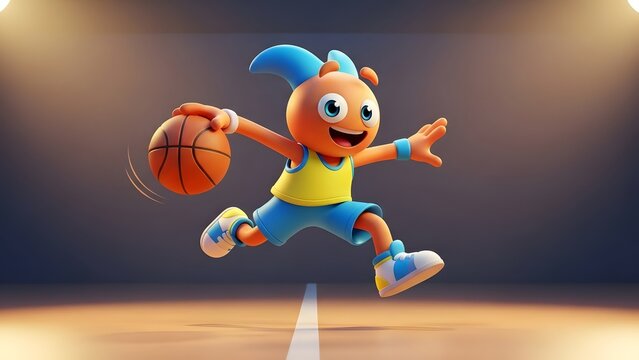 A cute cartoon character dribbling a basketball on a court under spotlights. - Powered by Adobe