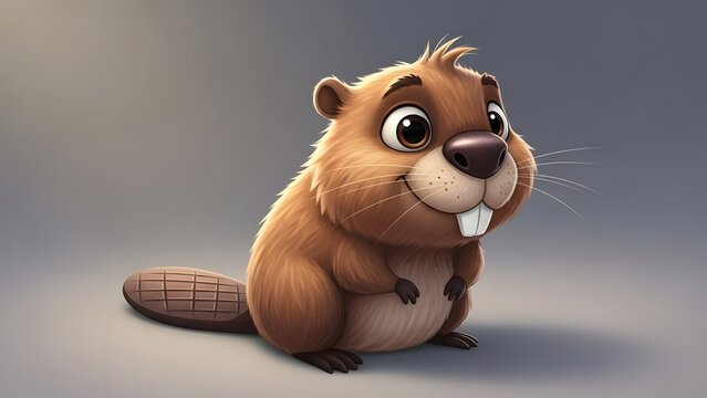 A cute cartoon beaver with big eyes and prominent teeth sits on a plain background, looking friendly and adorable.