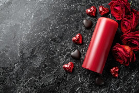 Rich red objects signifying romance are arranged atop a dark, textured surface