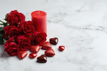 Deep red roses, a pillar candle, and heart-shaped candies rest upon a white marble surface.