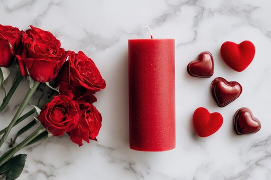 Vibrant red objects arranged artistically on a white marbled surface for romance and affection