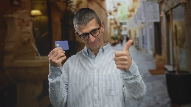 Caucasian man in glasses holding a credit card and giving a thumbs up gestures confidently on a picturesque european street with a blurred background.