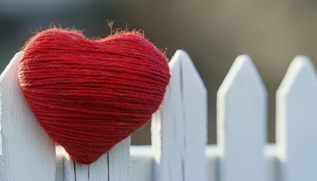 Red textured heart shape made of string rests upon a white wooden picket fence