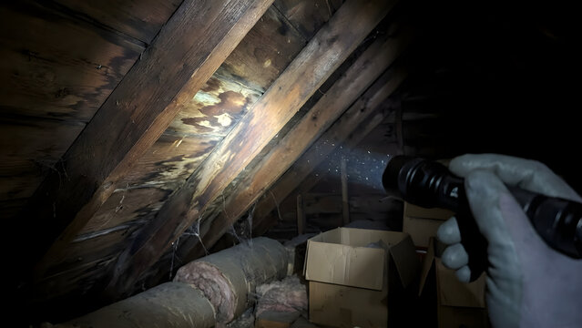 Dramatic Interior Attic Inspection with Flashlight Beam Shining on Water Damage