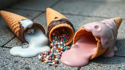 Surreal Ice Cream Cones Spilling Unexpected Materials on Asphalt