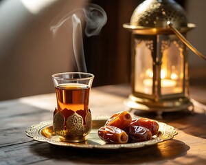 Eid mubarak ramadan kareem wishes traditional arabic tea and dates for breaking fast