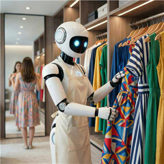 Humanoid AI Robot Helping Woman Choose Clothes in Walk-In Closet