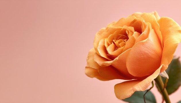 Single apricot colored rose bloom occupies the right side of a soft pink background with copy space