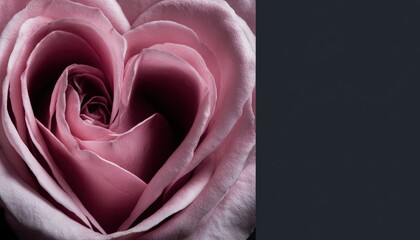 Close up of deep mauve rose petals forming a heart shape with copy space on the side