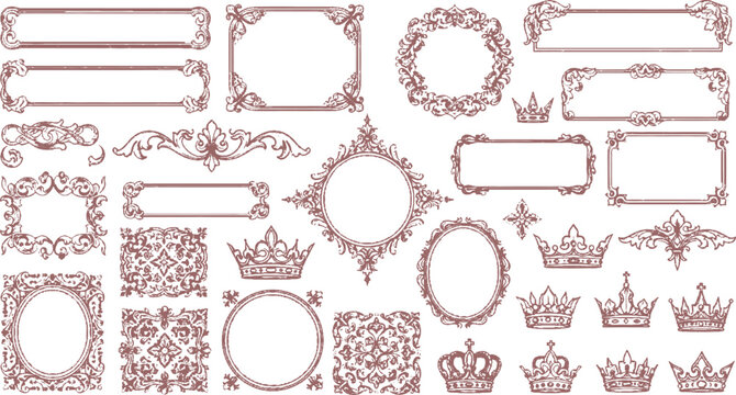 A set of elegant ornate frames with floral ornament design and decorative scroll elements for retro design illustrations of ornate decorations including frames, borders, crowns, and embellishm
