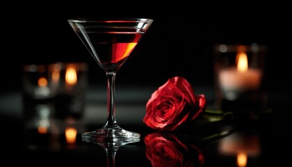 Crimson cocktail rests beside a velvet rose surrounded by warm candlelight in darkness