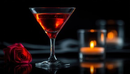 Romantic evening setting features a vibrant red cocktail beside a deep red rose and glowing candles
