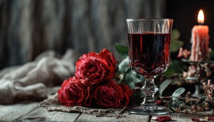 Deep red liquid in a crystal glass rests beside dark roses with a lit candle nearby on a wooden surface