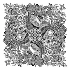 Black and White Batik Motif with Detailed Floral Ornaments and Traditional Patterns