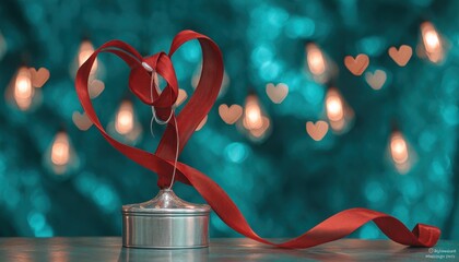 Red ribbon fashioned into a heart shape rests upon a metallic container with decorative background lights