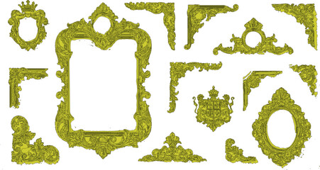 There is a collection of decorative golden frames and corner decorations placed, which further enhances their luxurious look.Ornaments and spring floral patterns  floral alphabet set © MSTADURI