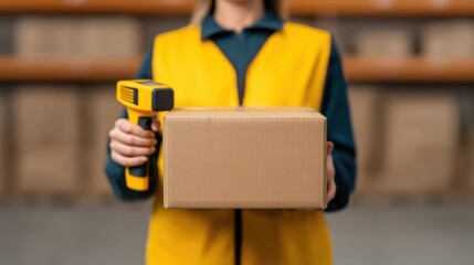 Cross border trade, A person in a yellow vest holds a cardboard box and a barcode scanner, indicating a logistics or inventory context in a warehouse environment.