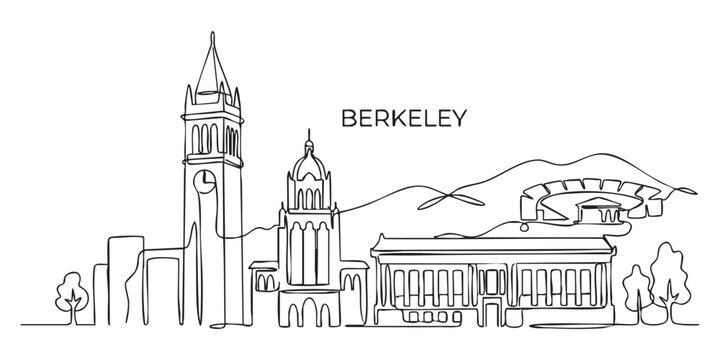 Berkeley, California City Skyline Continuous Line Art with Sather Tower and Campus