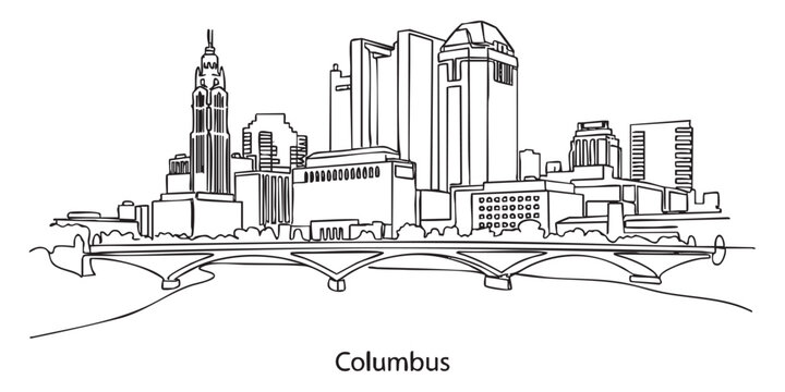 Columbus, Ohio City Skyline Continuous Line Art with LeVeque Tower and Bridge