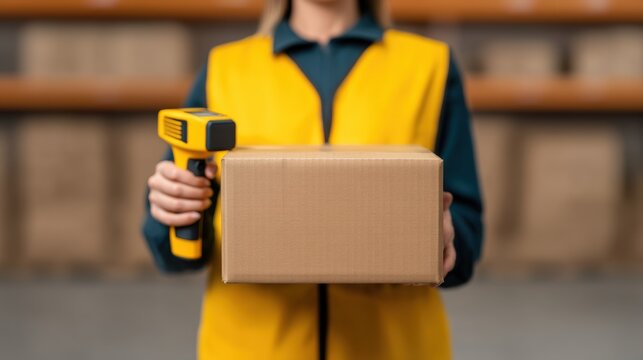Cross border trade, A person in a yellow vest holds a cardboard box and a barcode scanner, indicating a logistics or inventory context in a warehouse environment. - Powered by Adobe