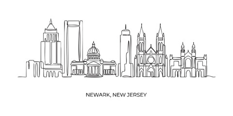 Obraz premium Newark, New Jersey City Skyline Continuous Line Art with Cathedral Basilica