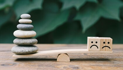A wooden balance scale displays wooden blocks, emphasizing stress awareness month and the need for emotional wellness