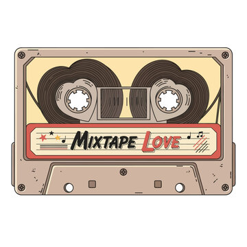 Vintage cassette tape with mixtape love label and music symbols