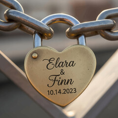 Engraved heart lock with Elara and Finn's names and wedding date