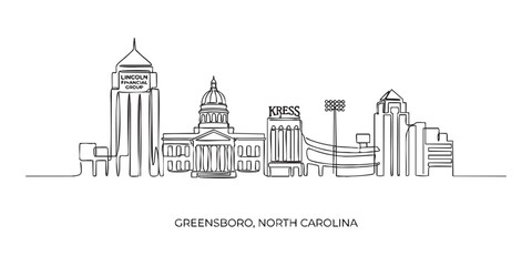 Fototapeta premium Greensboro, North Carolina City Skyline Continuous Line Art with Landmarks