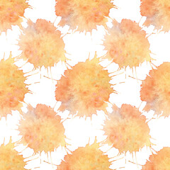 Watercolor seamless pattern with orange red spot on white background. Hand-drawn blob for sketchbook or artist card. Paint splashes for decor swatch. Abstract art for wallpaper or wrapping