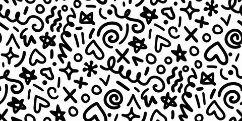 A chaotic pattern of hand drawn doodles and abstract shapes on a white background
