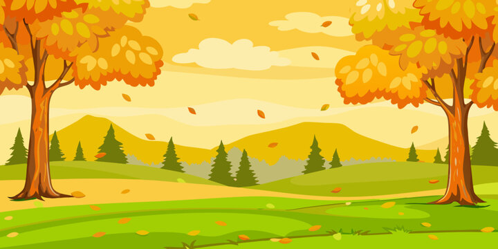 Autumn landscape with trees falling leaves and gentle hills in the background